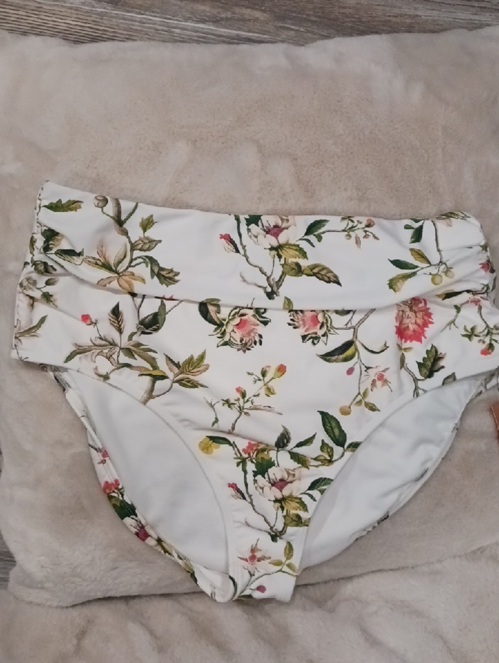 Shade & Shore White Floral High-Rise Bikini Bottoms with Green and Pink Print